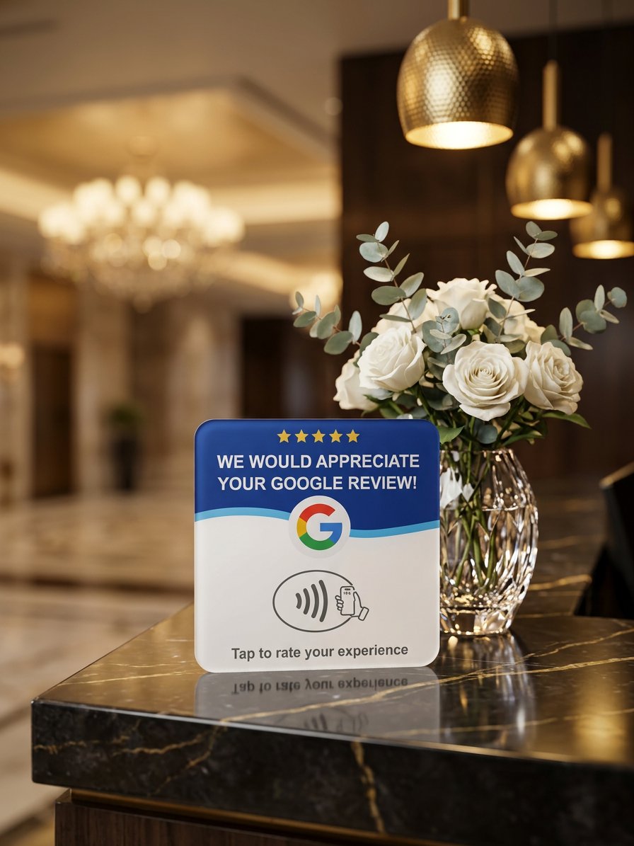 TapReview NFC card in a hotel lobby