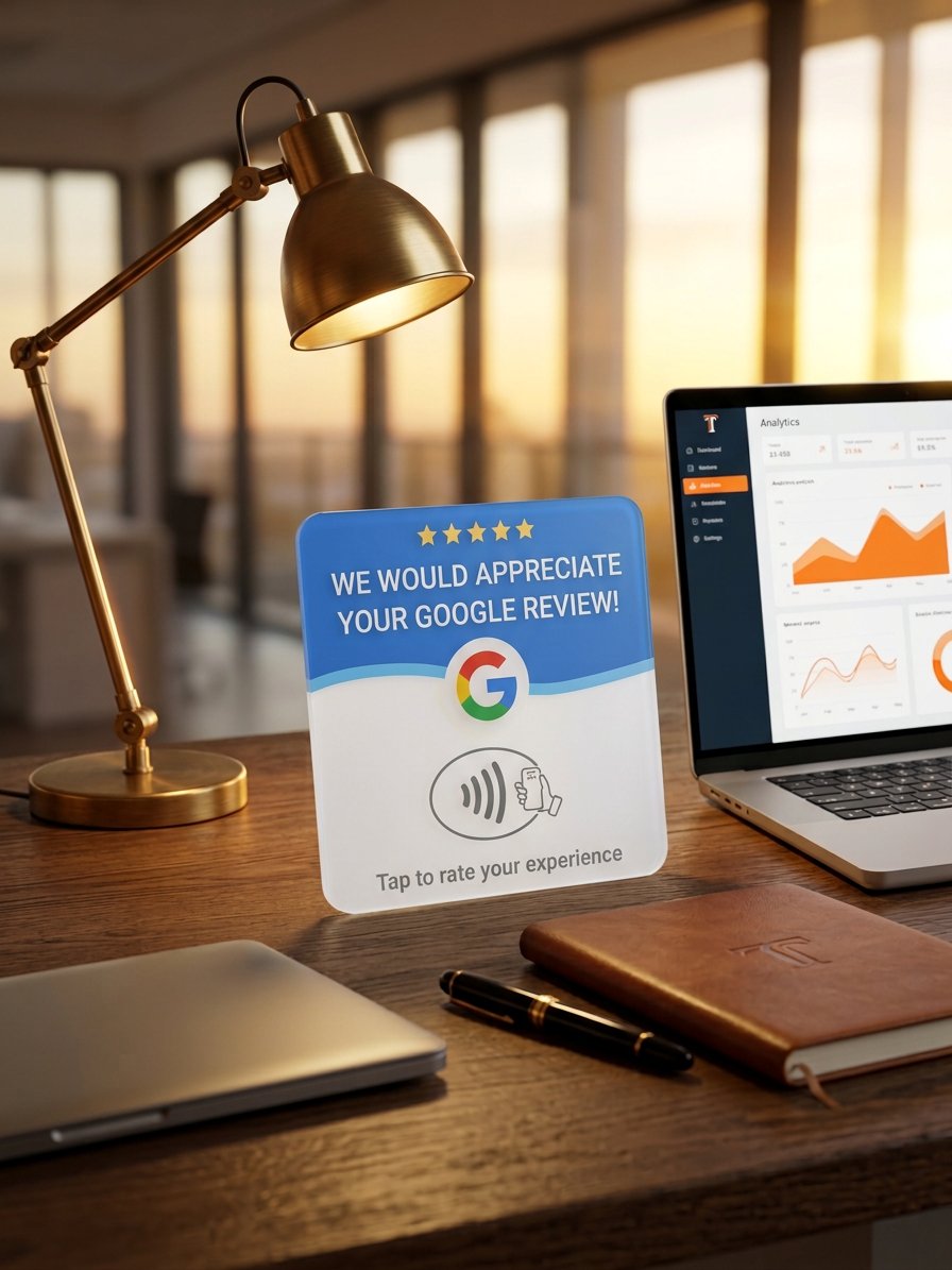 TapReview NFC card on a desk with analytics dashboard