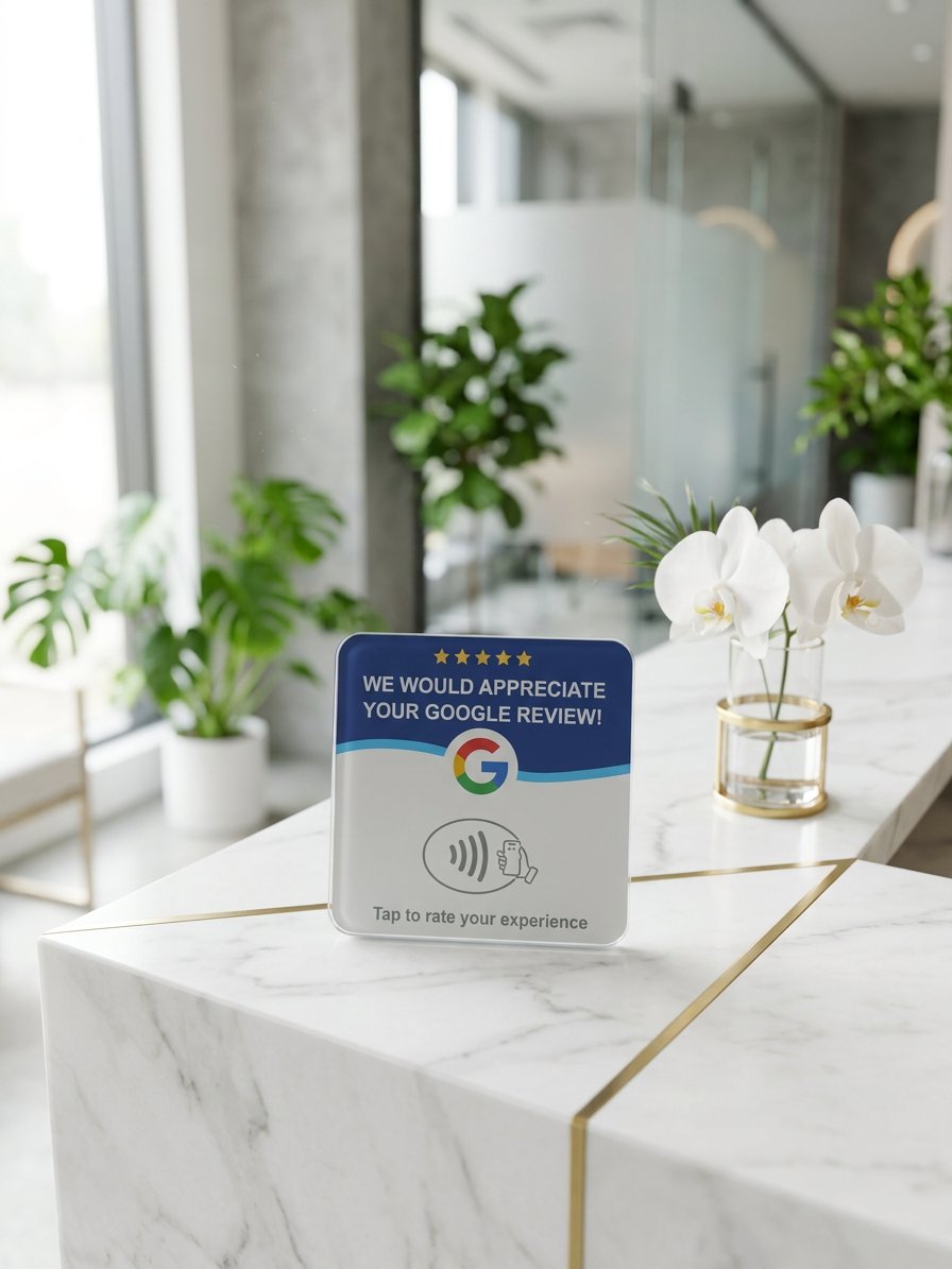 TapReview NFC card on a reception desk